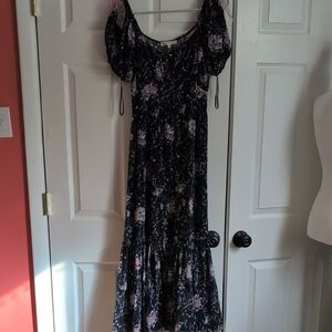 LoveShackFancy Silk Navy Midi Dress with Pink Floral Design